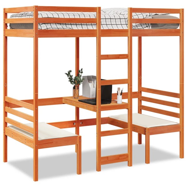 Hochbett Mit Schreibtisch Und StüHlen 90X200 Kiefernholz Braun-image