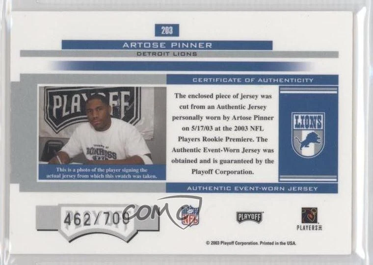 2003 Playoff Honors Rookie Gems /700 Artose Pinner #203 Rookie RC - Image 2 of 2