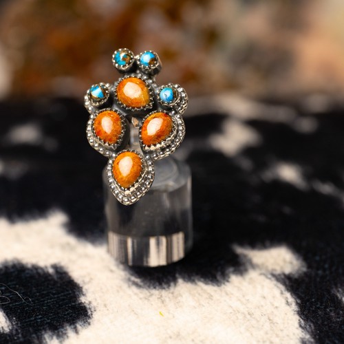 Spiny Oyster and Turquoise Statement Ring- All 925 Sterling Silver- Adjustable