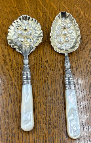 Fabulous set of sterling silver & mother of pearl jam preserve spoons Birm 1894 - Picture 5 of 19