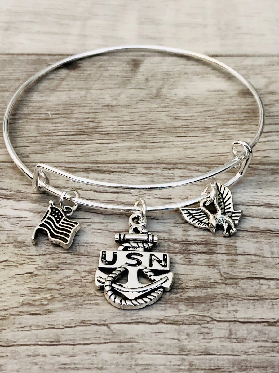 U.S NAVY Military Anchor Silver charms Expandable Bangle Bracelet