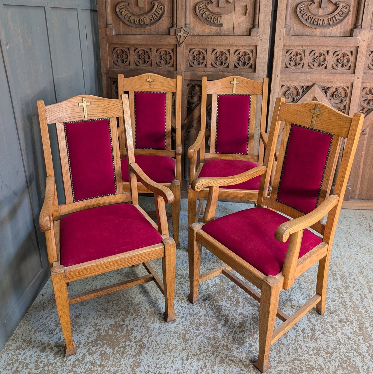 Set of Well Made Mid-Century Oak Red Upholstered Clergy Chairs