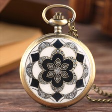 Antique Crystal Flower Women Quartz Pocket Watch Necklace Pendant 80cm Chain