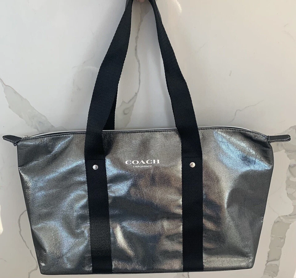 Bolso de Mano Coach Fragancia Metálico Plateado Negro Viaje Noche Grande Monedero NUEVO Foto 2 de 4