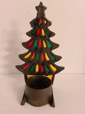 Vintage Cast Iron Tiffany Style Glo-Candle Christmas Tree Candle Holder 7"