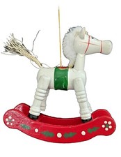 Vintage White Wooden Rocking Horse Christmas Ornament Red Trim 4"