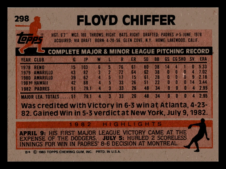 1983  Topps Floyd Chiffer RC Rookie SD Padres #298 VG-EX Vintage - Image 2 of 2