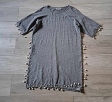 Beauty Women Grey Stretchy Fine Knit Jumper Dress Embellished Beaded Size L/XL