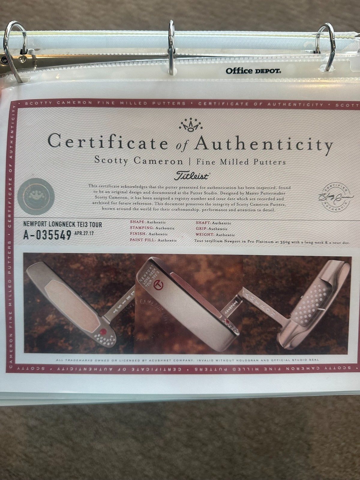 A035549, the certificate in an eBay listing's photos
