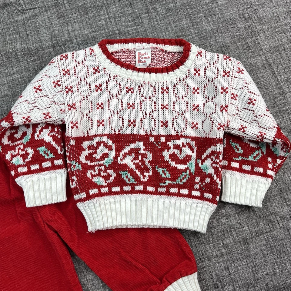 Conjunto de pantalones suéter de pana tejido vintage Baby Park Bench niños 12 M rojo vacaciones Foto 2 de 4