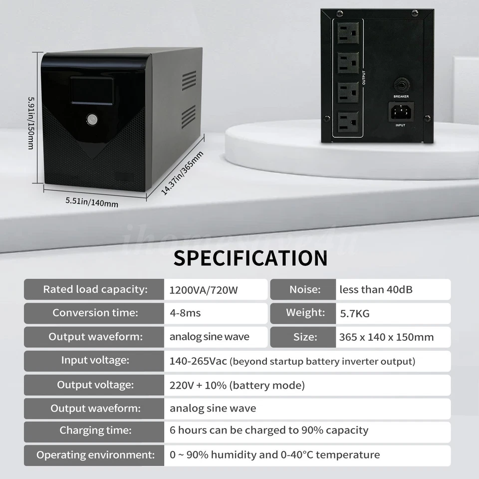 Fuente de alimentación ininterrumpida UPS de respaldo 4 salidas pantalla LCD batería 1200VA 720W Foto 2 de 4