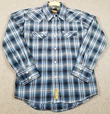 Larry Mahan Pearl Snap Shirt Boy&rsquo;s Medium Blue White Plaid Western Rodeo Cowboy