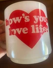 VTG Glasbake Milk Glass Hows Your Love Life Heart Mug Cup