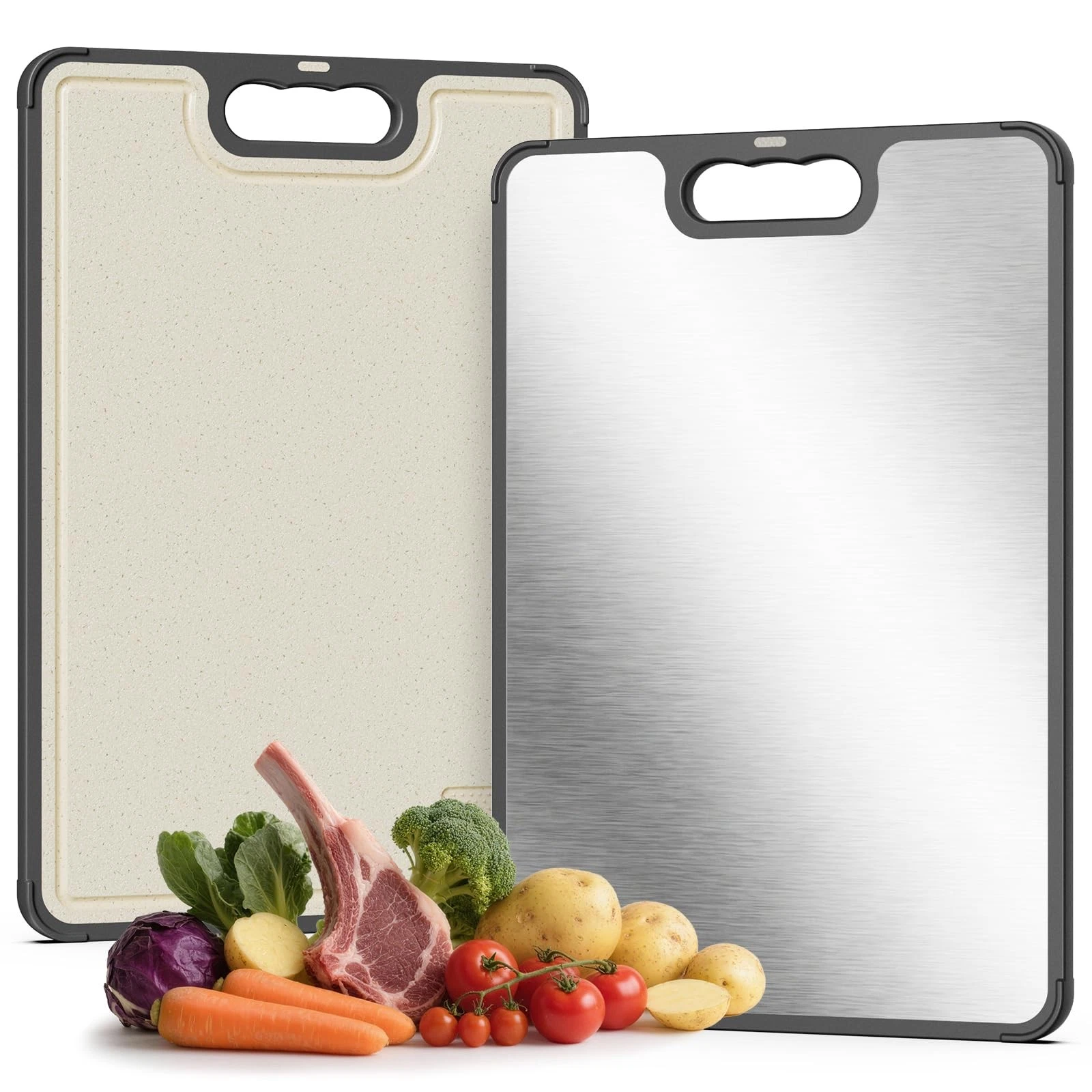 Double-Sided Cutting Board for Kitchen - Stainless Steel Cutting Board with W...