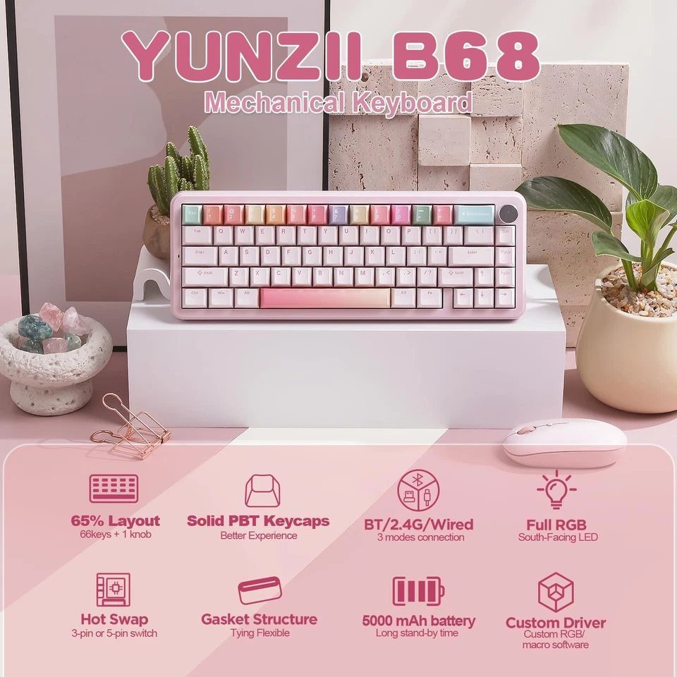 B68 Wireless Mechanical Keyboard,Tri-Mode BT5.0/2.4GHz/USB-C,Cute PBT Keycaps... - Image 2 of 4