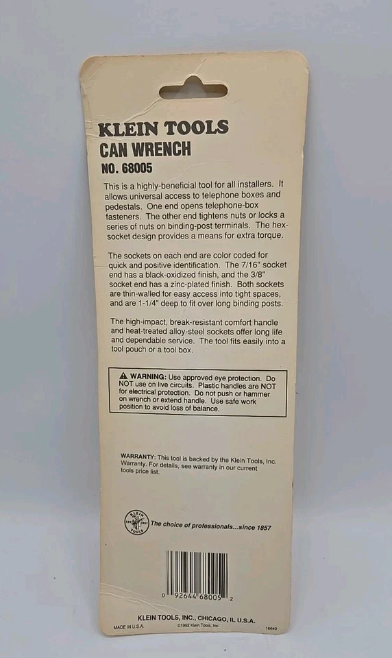 NEW Klein Tools Can Wrench 3/8" & 7/16" Hex Nut Telephone Box Wrench 68005 USA - Image 2 of 2
