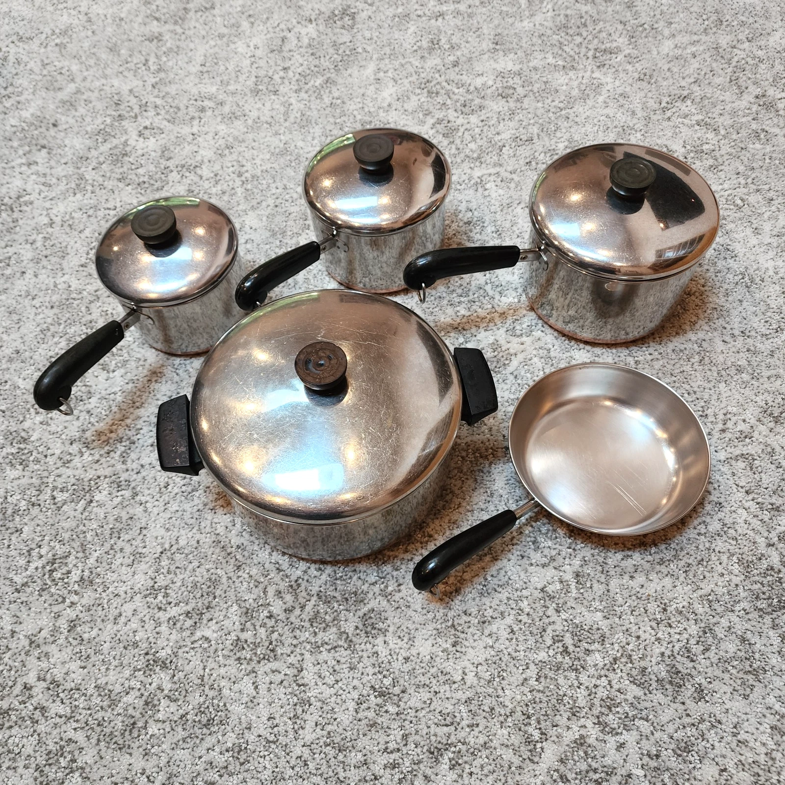 Vintage Revere Ware Copper Bottom 9 Piece Set Pots, Pans, Lids