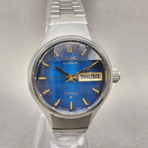 Seiko Automatic Watch Women 24mm Blue Dial Silver Tone Daydate 2706-0310 Runs
