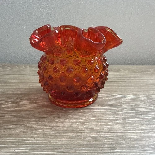 Fenton Amberina Hobnail Glass Vase Rose Bowl with Ruffled Edges Glows