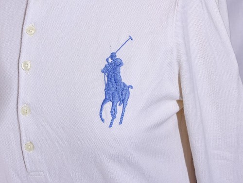 Polo Ralph Lauren Skinny Polo Shirt Long sleeve Off White Large Blue Pony Large - Picture 3 of 8
