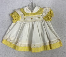 VTG Baby Apron Pinafore Dress Yellow White Floral Embroidered 24 Mo Cottagecore