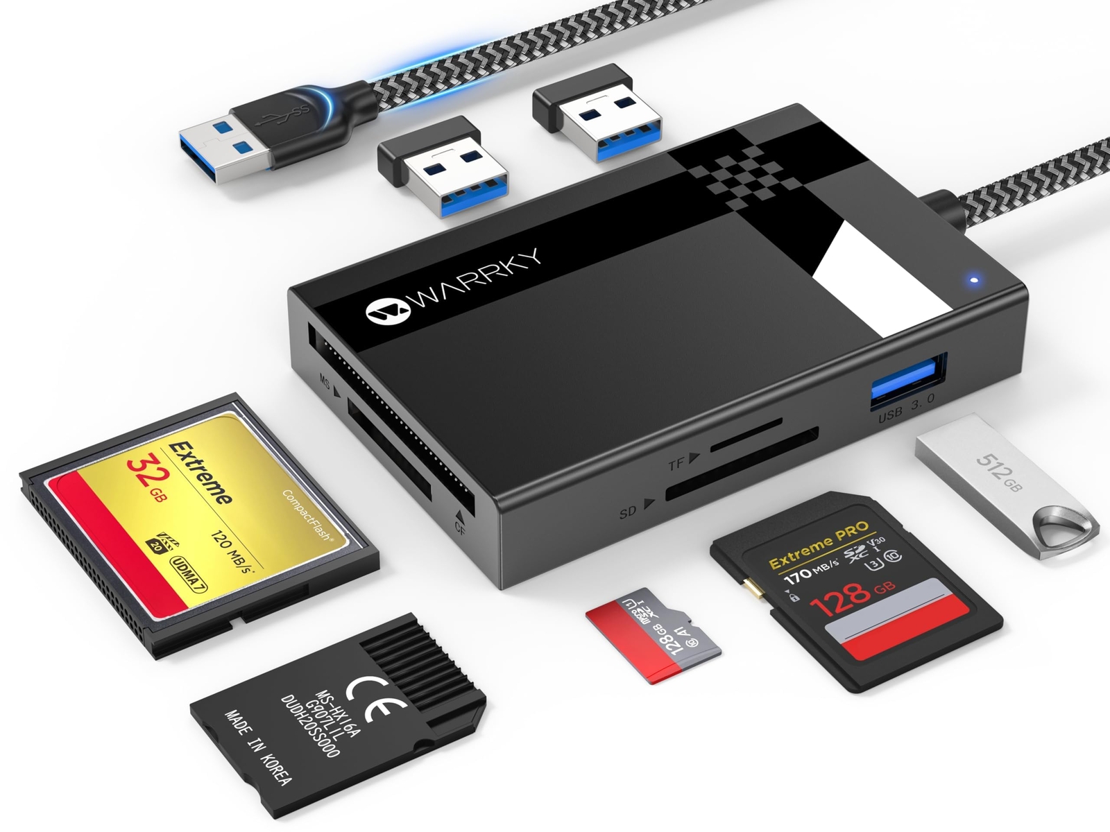 High-Speed USB 3.0 SD Card Reader with 2.5ft Nylon Braided Cable and Extra Ports-image