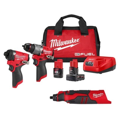 Milwaukee Brushless Rotary Tool 12V+Impact Driver w/ M12 Hammer Drill Combo Kit