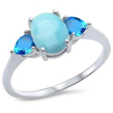 Oval Natural Larimar heart Blue Topaz .925 Sterling Silver Ring