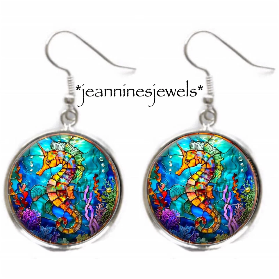 Pendientes Caballito de Mar Verano Playa Océano Imitación Vidrieras Arte Plata Dije Cuelga Foto 4 de 4