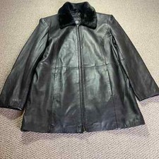 Leather Elements Womens Jacket Sz Medium Black Leather Faux Fur Collar Full Zip