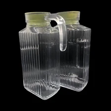 Vintage Luminarc Quadro France Ribbed Clear Glass Pitcher Avocado Green Set Of 2