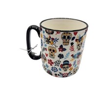 10 Strawberry Street Halloween 18 oz Coffee Soup Mug Sugar Skulls Floral NEW