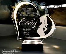 Aufsteller Herz  Wunschtextgravur zur Geburt Taufe Geschenk Baby Daten LED Licht