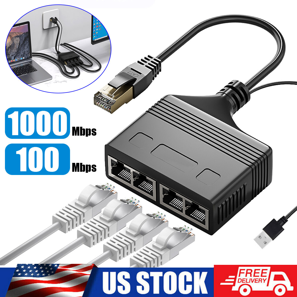 High-Speed 1000Mbps Ethernet Splitter 1 to 4 Port for Cat5 Cat6 Cat7 Cables-image