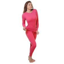 Women's Cotton Waffle Knit Thermal Underwear Stretch Shirt & Pants Set Pink M