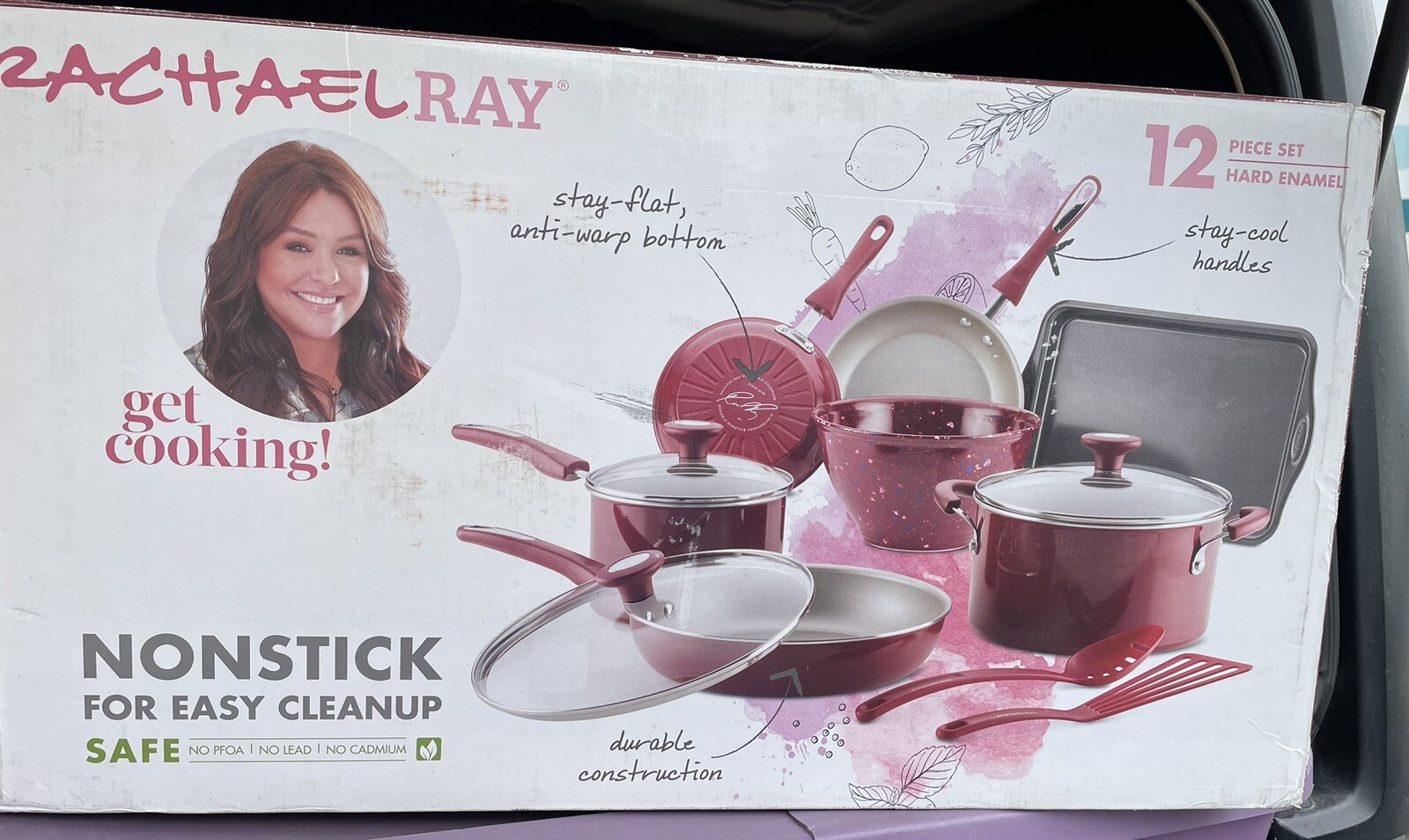 Rachel Ray 12-Piece Hard Porcelain Enamel Nonstick Lead Free Cookware Set In Box