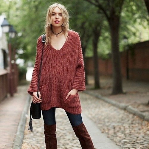 Deep V-Neck Sweater Tunic Oversize Fit 