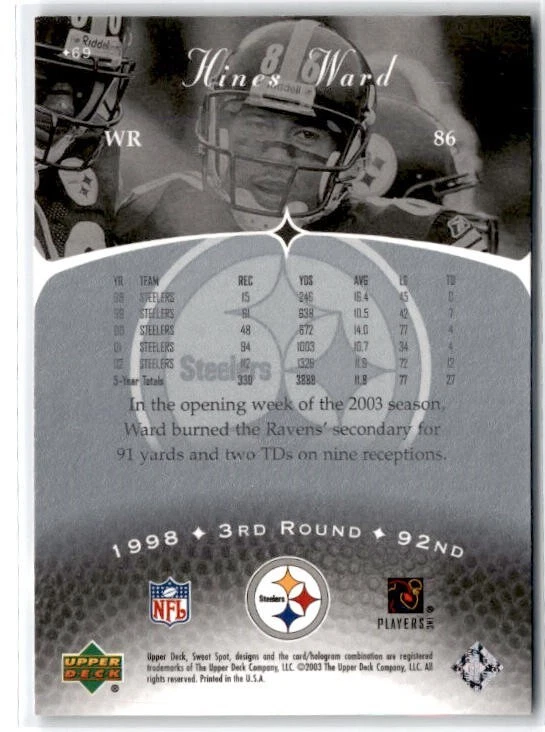 2003 Upper Deck Sweet Spot Hines Ward #69 Steelers - Image 2 of 2