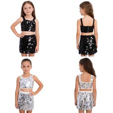 Kids Girls Costume Sleeveless Outfit Sequins Set Crop Top Dancewear Casual Jazz