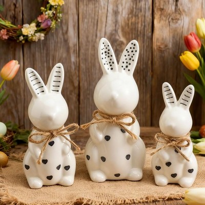 3 Pcs Easter Ceramic Bunny Figurine Decor Large Black and White Porcelain Pol...