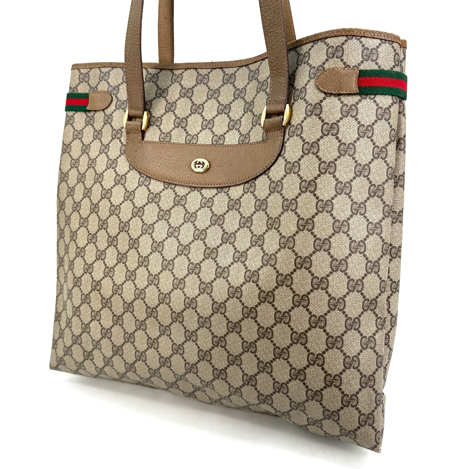 Vintage GUCCI Sherry Line GG Pattern Tote Bag Handbag PVC Leather Brown Authenti