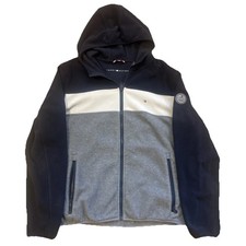 Tommy Hilfiger Men  s Gray Navy Blue Full Zip-Up Pocketed Fleece Hoodie Adult XL