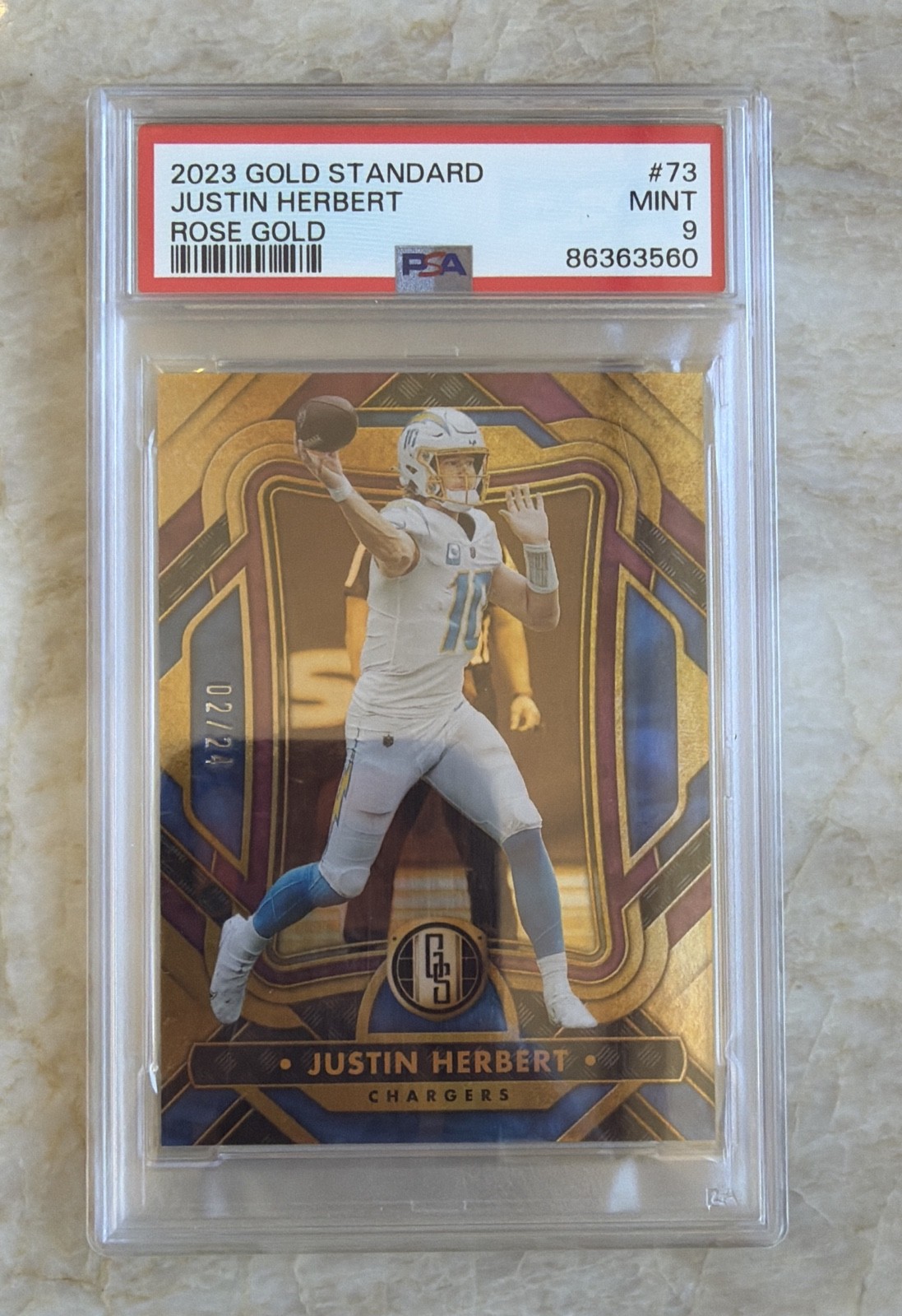 🔥🔥JUSTIN HERBERT /24 PSA 10🔥🔥2023 Panini Gold Standard #73 Rose Gold view 1
