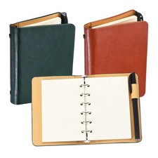 6 Ring A7 Leather Binder Cover with Blank Paper and Pen, Dark Green/Yellow-Brown