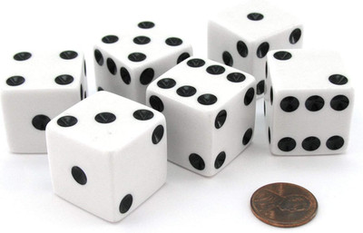Set of 6 D6 25Mm Large Opaque Jumbo Dice - White with Black Pip by Koplow Games