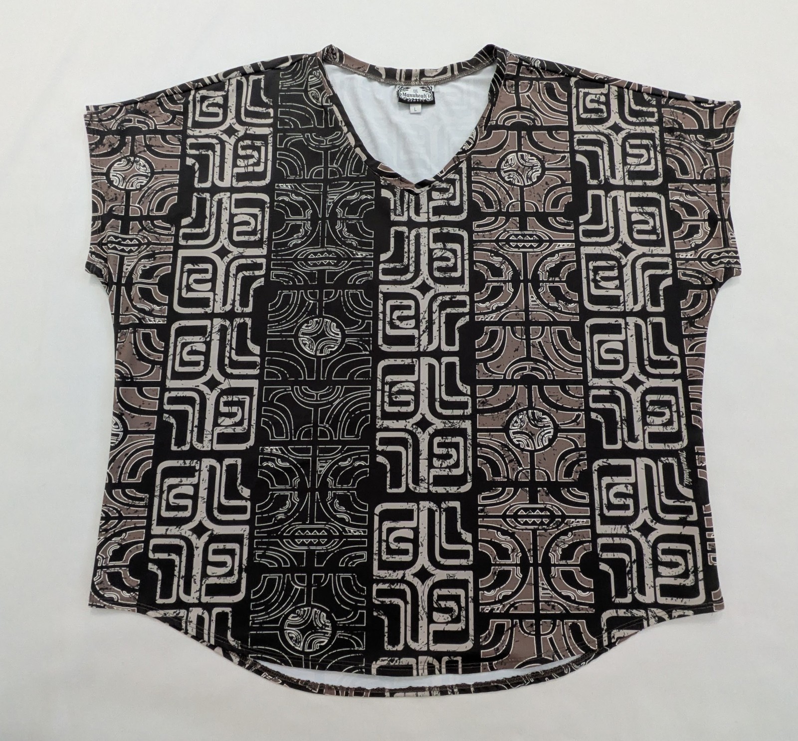 Manuhealii Women's Dolman Sleeve Top Blouse Hawaiian Brown Black Large L