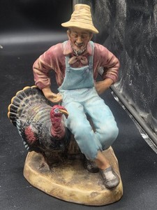 Figurines Céramique Biscuit Pèlerin - Couple Avec Dinde Thanksgiving - Vintage USA