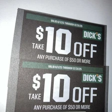 Two Coupons - $10 Off $50 Dicks Sporting Goods (Dick’s)