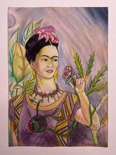 Frida Kahlo Dessin sur papier (fait main) signé et estampillé technique mixte.
