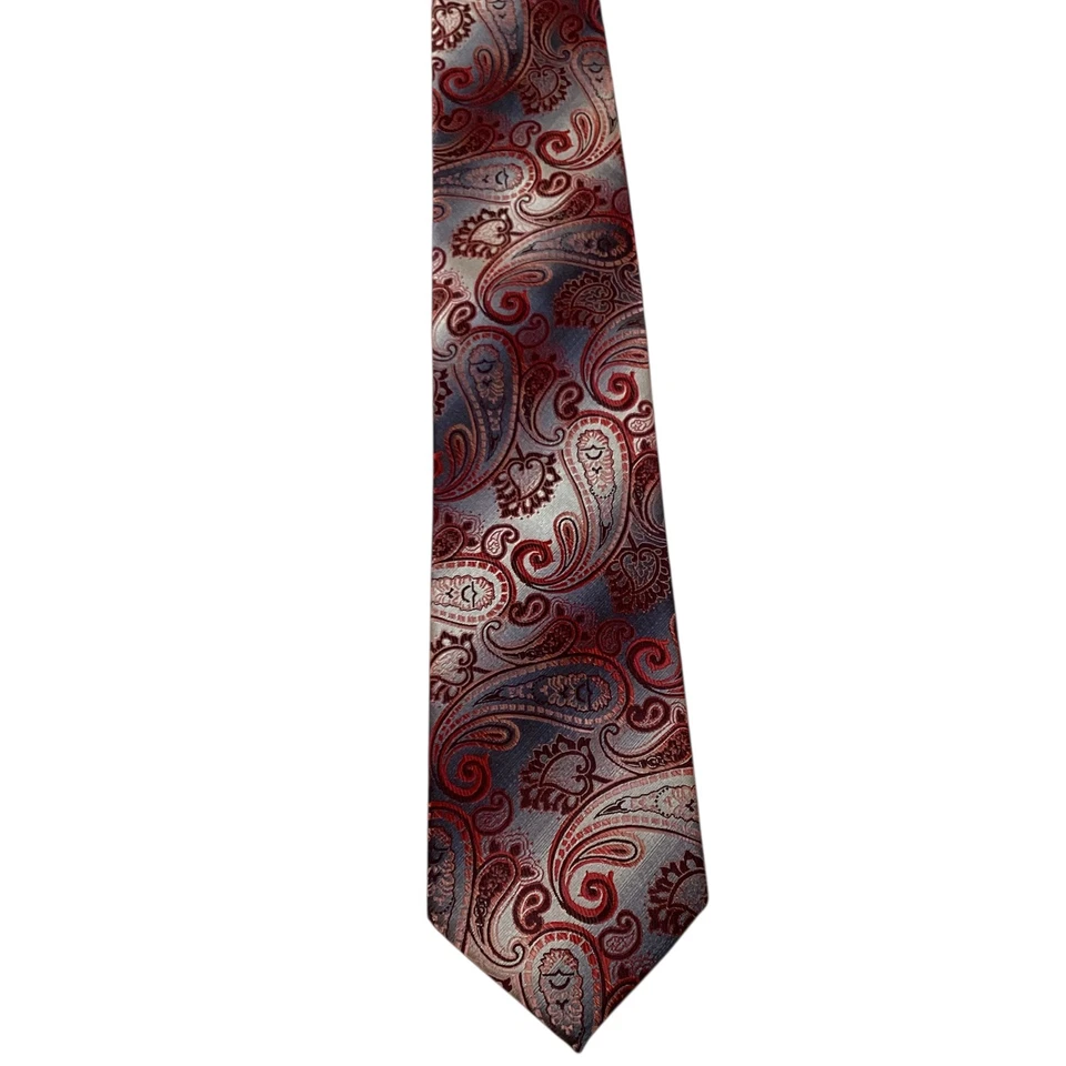 Corbata de diseñador JOHN BLAIR 100 % microfibra para hombre PAISLEY gris/rojo/rosa usada en excelente estado rara Foto 2 de 3